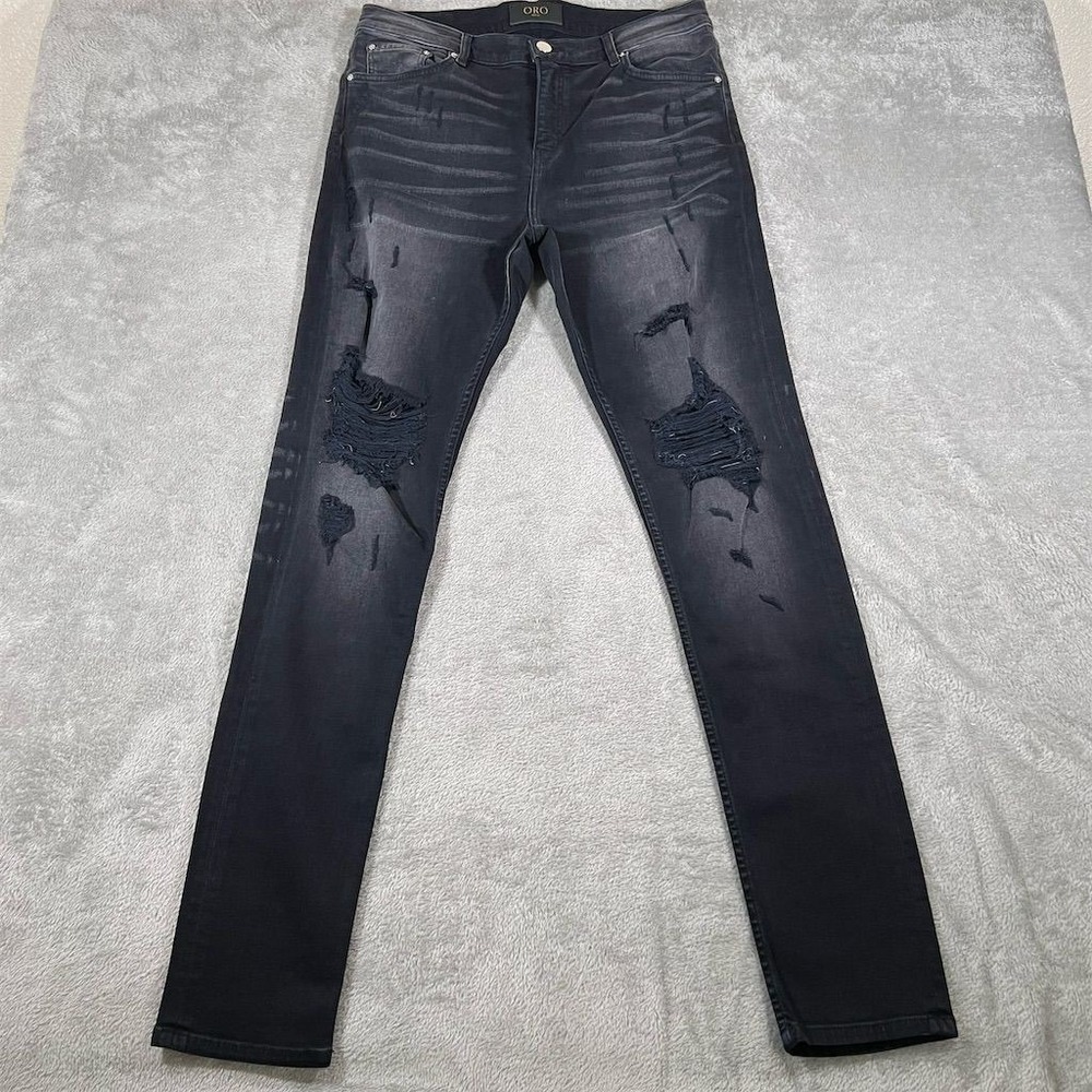 ORO Los Angeles Jeans Mens 34x34 Black Skinny Mid-Rise Distressed Denim Stretch
